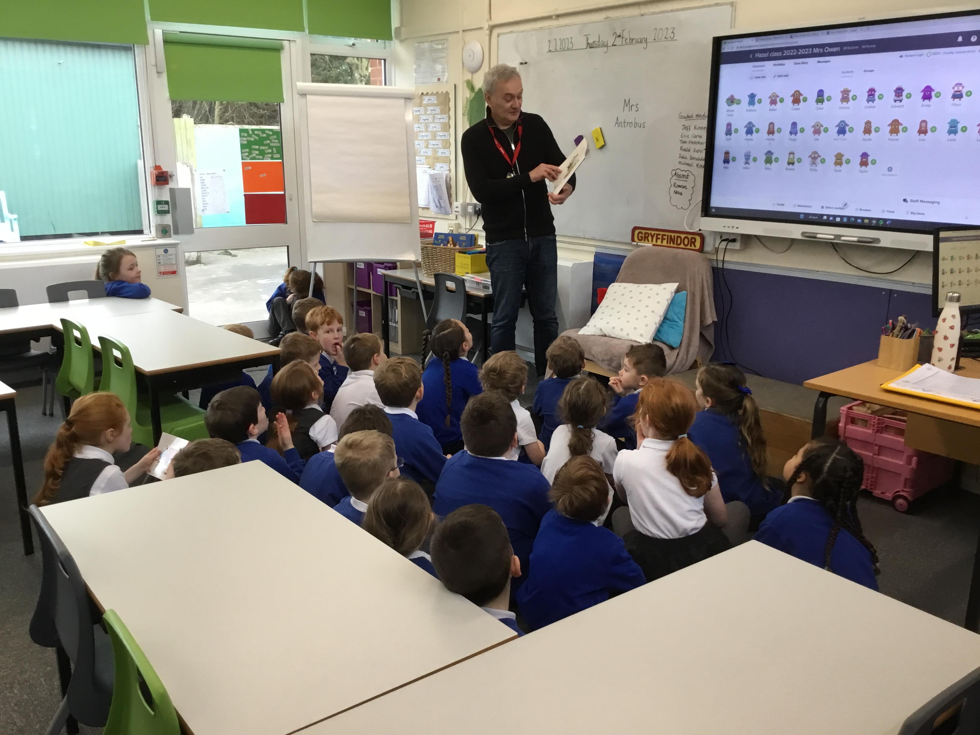 Peter Bently visiting Hazel class